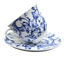 Teacup and Saucer Blue Leaf Scroll