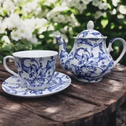 Teacup and Saucer Blue Leaf Scroll