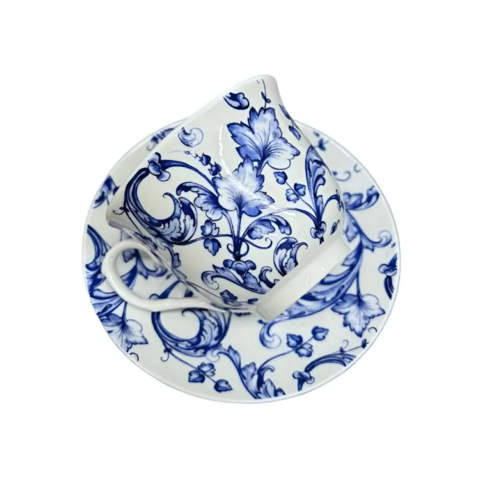 Teacup and Saucer Blue Leaf Scroll
