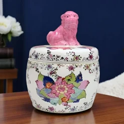 Tobacco Leaf Jar with Pink Foo Dog Lid – 6"