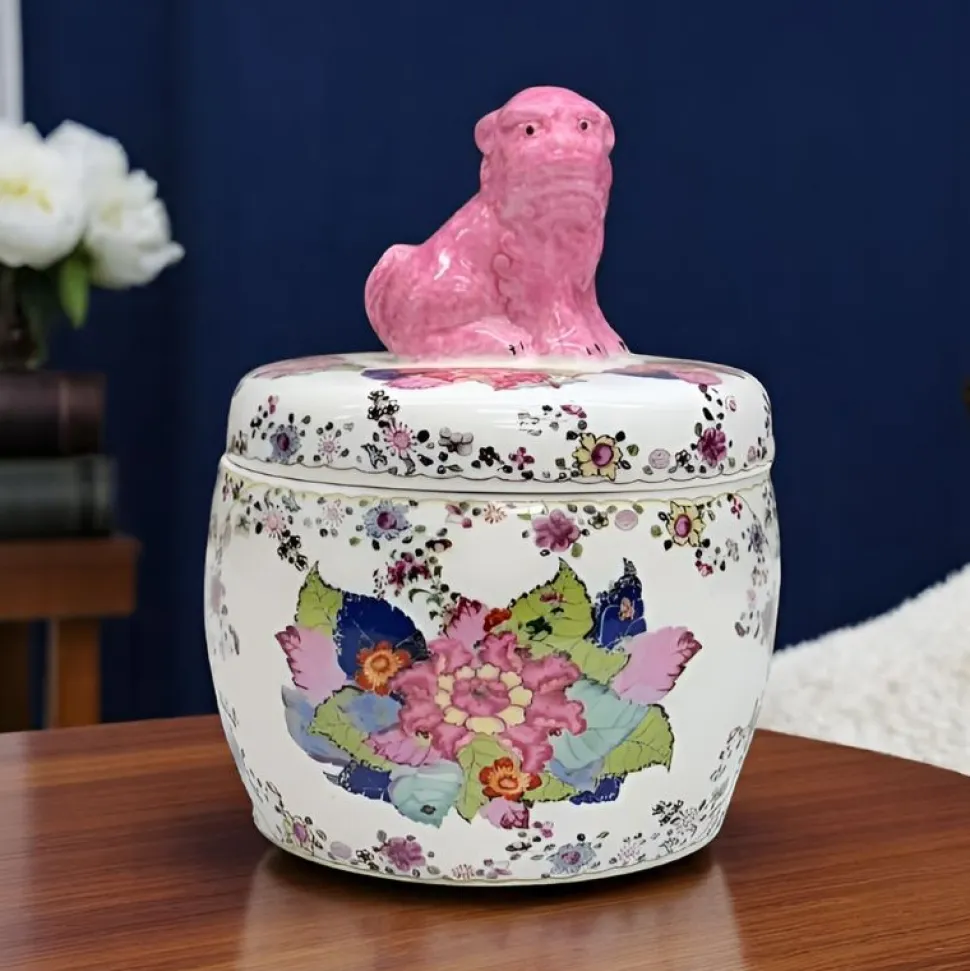 Tobacco Leaf Jar with Pink Foo Dog Lid – 6"