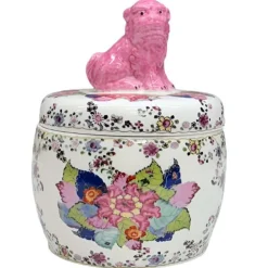 Tobacco Leaf Jar with Pink Foo Dog Lid – 6"