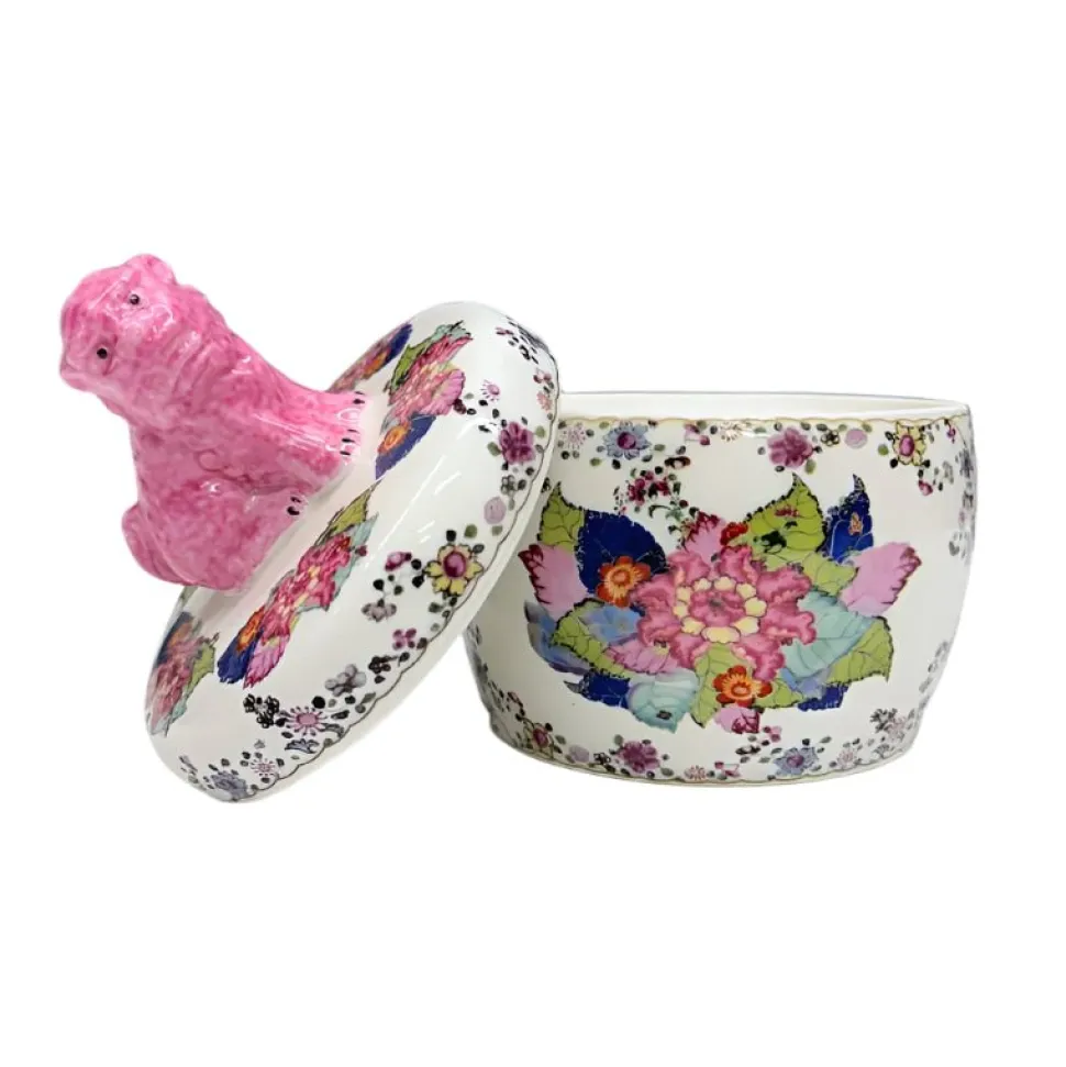 Tobacco Leaf Jar with Pink Foo Dog Lid – 6"